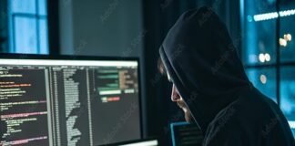 A person in a hoodie works on multiple computer screens displaying code in a dimly lit room, dark web hinting at illegal activity.