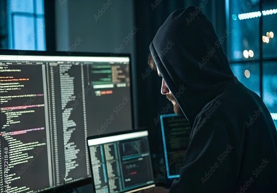 A person in a hoodie works on multiple computer screens displaying code in a dimly lit room, dark web hinting at illegal activity.