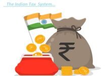 Illustration of the Indian tax system, featuring the national flag, coins, a red wallet, and a money bag with a rupee symbol. This artwork also highlights the Goods and Services Tax as part of the financial depiction.