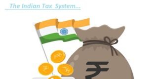 Illustration of the Indian tax system, featuring the national flag, coins, a red wallet, and a money bag with a rupee symbol. This artwork also highlights the Goods and Services Tax as part of the financial depiction.