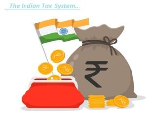 Illustration of the Indian tax system, featuring the national flag, coins, a red wallet, and a money bag with a rupee symbol. This artwork also highlights the Goods and Services Tax as part of the financial depiction.