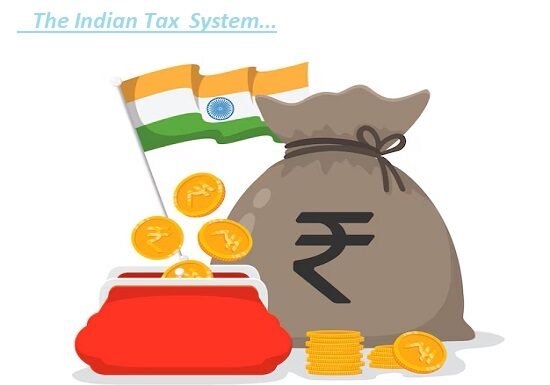 Illustration of the Indian tax system, featuring the national flag, coins, a red wallet, and a money bag with a rupee symbol. This artwork also highlights the Goods and Services Tax as part of the financial depiction.