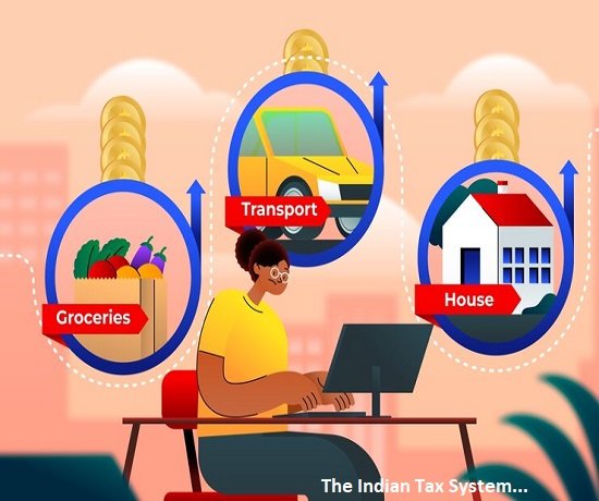 Illustration of a person at a computer with icons representing expenses: groceries, transport, and housing with upward arrows, highlighting the impact of the Indian tax system on everyday costs.