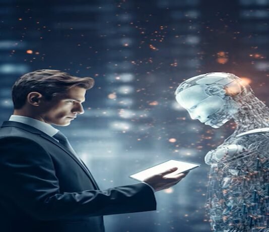 A man in a suit holds a tablet, facing a humanoid robot in a futuristic, blurred city background. AI Business Ideas