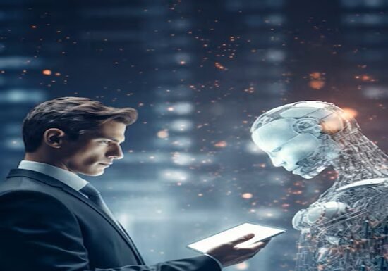 A man in a suit holds a tablet, facing a humanoid robot in a futuristic, blurred city background. AI Business Ideas