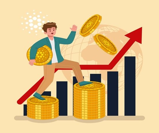 An illustration of a person stepping on stacks of coins, with a bar chart and an upward arrow in the background, brilliantly symbolizes financial prosperity and growth.