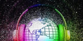 A globe with grid lines is encircled by headphones. The image is surrounded by a colorful, glittery background. The world is listening.