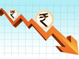 A downward graph featuring Indian rupee symbols illustrates a decline in value, prompting the question: Why Indian Rupee is falling to levels like $1 = ₹100?.