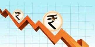 A downward graph featuring Indian rupee symbols illustrates a decline in value, prompting the question: Why Indian Rupee is falling to levels like $1 = ₹100?.