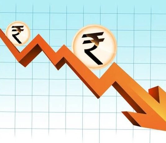 A downward graph featuring Indian rupee symbols illustrates a decline in value, prompting the question: Why Indian Rupee is falling to levels like $1 = ₹100?.