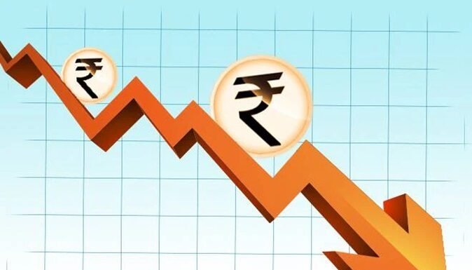 A downward graph featuring Indian rupee symbols illustrates a decline in value, prompting the question: Why Indian Rupee is falling to levels like $1 = ₹100?.