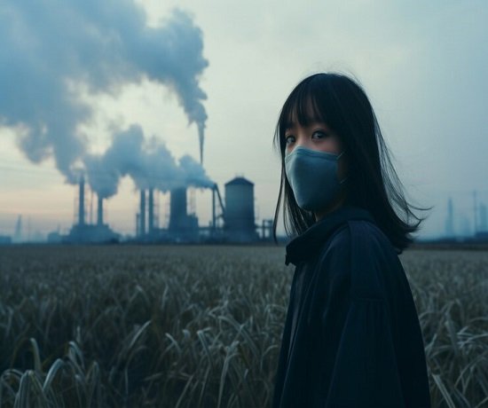 A person wearing a mask stands in a field, overshadowed by industrial structures emitting smoke in the background—a stark reminder of the ongoing air pollution crisis.