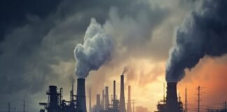 An industrial landscape looms, with smokestacks releasing thick smoke under a cloudy sky, their reflections in a murky water body. The scene starkly highlights the air pollution crisis.