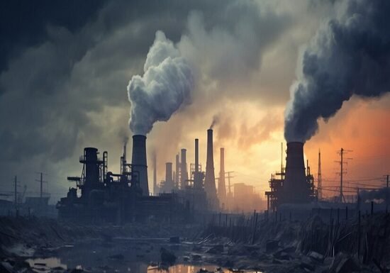 An industrial landscape looms, with smokestacks releasing thick smoke under a cloudy sky, their reflections in a murky water body. The scene starkly highlights the air pollution crisis.