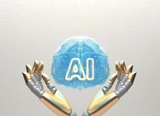 Two robotic hands hold a glowing, blue brain with" Rise of AI" inscribed on it. The background features circuitry patterns.