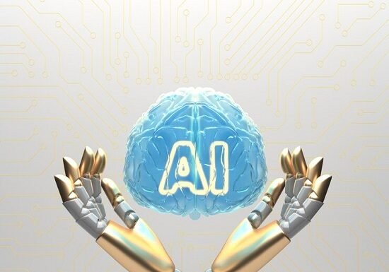 Two robotic hands hold a glowing, blue brain with" Rise of AI" inscribed on it. The background features circuitry patterns.