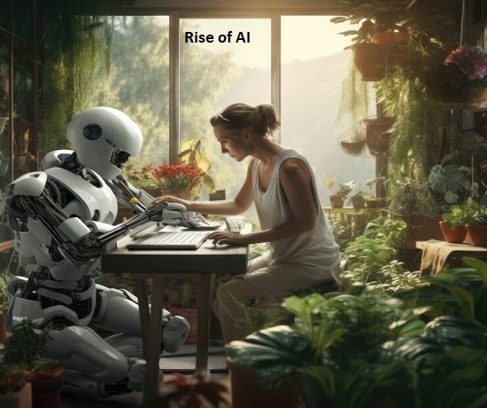 A robot and a woman sit across from each other at a table in a lush greenhouse, sunlight streaming through. Text reads "Rise of AI," showcasing the synergy of #IntelligentTechnology and human insight.