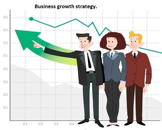 Three cartoon businesspeople stand in front of a graph labeled "Business Growth Strategy" with an upward green arrow, symbolizing effective business growth.