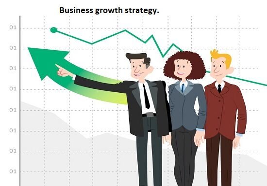 Three cartoon businesspeople stand in front of a graph labeled "Business Growth Strategy" with an upward green arrow, symbolizing effective business growth.