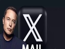 Elon Musk stands next to a large black square with a white "X" symbol, with the word "XMAIL" below.