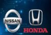 Nissan and Honda logos displayed side by side on a blue background with circuit-like patterns.