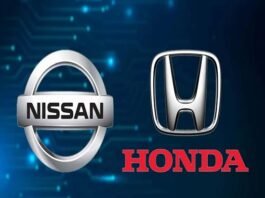 Nissan and Honda logos displayed side by side on a blue background with circuit-like patterns.