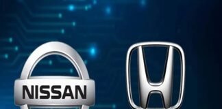 Nissan and Honda logos displayed side by side on a blue background with circuit-like patterns.