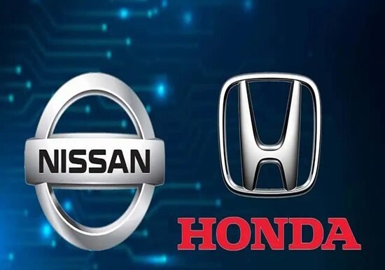 Nissan and Honda logos displayed side by side on a blue background with circuit-like patterns.