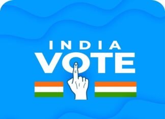 Blue background features the text "India Vote," alongside a hand with an inked finger and two Indian flags. Caption: "One Nation One Election: One India One Election.