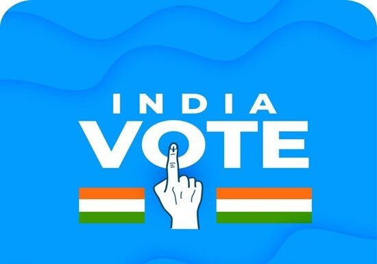 Blue background features the text "India Vote," alongside a hand with an inked finger and two Indian flags. Caption: "One Nation One Election: One India One Election.