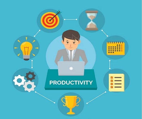 An illustration of a man at a laptop labeled "Productivity," surrounded by icons: target, hourglass, calendar, checklist, gears, light bulb, and trophy. These elements suggest themes of growth and well-being through enhanced productivity.