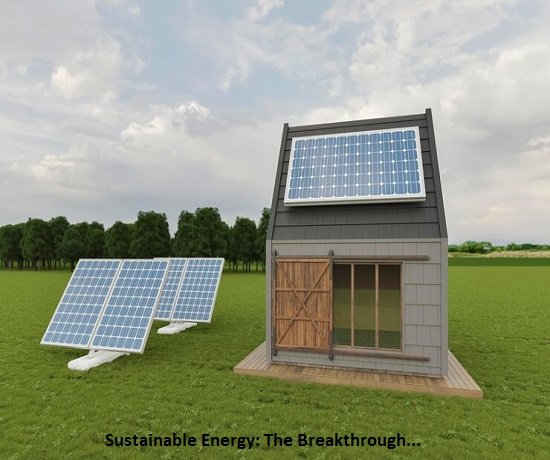 A cozy small house with solar panels on the roof and a lush lawn, boasts sustainable energy solutions. Adjacent to it stand two freestanding solar panels, all nestled against a backdrop of trees and a cloudy sky.