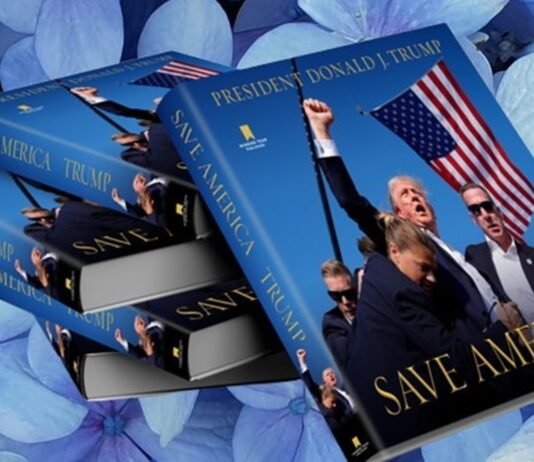 Stack of books titled "Save America" with a cover image featuring a man holding an American flag against a background of blue hydrangeas.