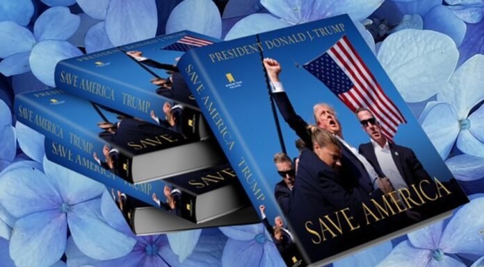 Stack of books titled "Save America" with a cover image featuring a man holding an American flag against a background of blue hydrangeas.