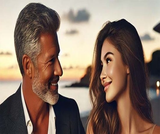 A man and woman smile at each other on a beach at sunset, their connection reminiscent of the trusting bond between a Sugar Daddy and his sugar baby.