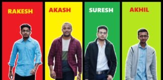 Four individuals, immersed in "the money game," are standing before colorful backgrounds labeled Rakesh, Akash, Suresh, and Akhil.