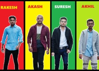 Four individuals, immersed in "the money game," are standing before colorful backgrounds labeled Rakesh, Akash, Suresh, and Akhil.