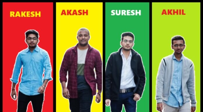 Four individuals, immersed in "the money game," are standing before colorful backgrounds labeled Rakesh, Akash, Suresh, and Akhil.