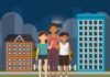 Illustration of three-child proposal standing arm in arm on a city street, with buildings in the background.