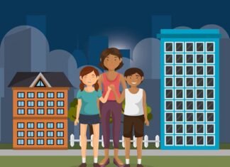 Illustration of three-child proposal standing arm in arm on a city street, with buildings in the background.