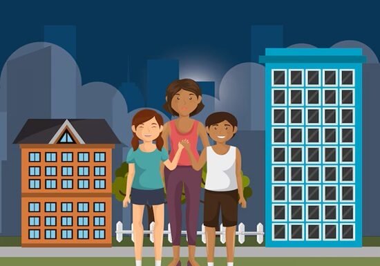 Illustration of three-child proposal standing arm in arm on a city street, with buildings in the background.