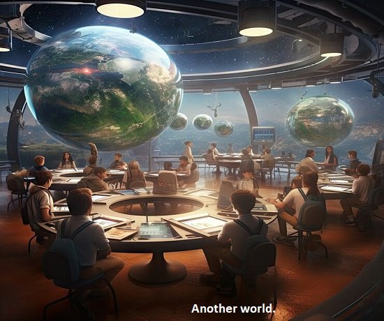 In a futuristic classroom, students and a teacher explore floating globes of Earth, immersing themselves in a space-themed setting that feels like another world.