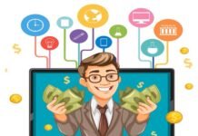 A cartoon man in a suit and glasses holds stacks of money, standing inside a laptop screen, symbolizing wealth. Rules of Money representing success and prosperity across multiple areas