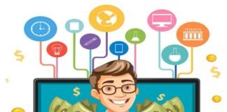 A cartoon man in a suit and glasses holds stacks of money, standing inside a laptop screen, symbolizing wealth. Rules of Money representing success and prosperity across multiple areas