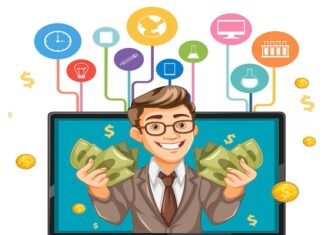 A cartoon man in a suit and glasses holds stacks of money, standing inside a laptop screen, symbolizing wealth. Rules of Money representing success and prosperity across multiple areas