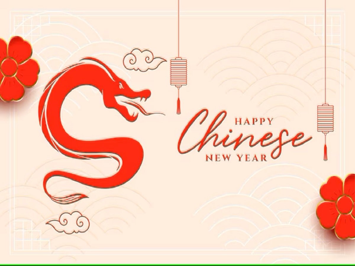 Red dragon illustration with clouds and lanterns on a beige background. Text reads "Happy Chinese New Year 2025." Red flowers adorn the corners, celebrating the essence of Chinese New Year animals.