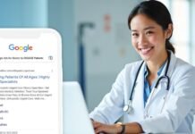 A doctor smiles at her desk, a stethoscope around her neck. Nearby, a smartphone screen reveals Google Ads for doctors showcasing the power of digital marketing for doctors to enhance patient reach and visibility.