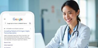 A doctor smiles at her desk, a stethoscope around her neck. Nearby, a smartphone screen reveals Google Ads for doctors showcasing the power of digital marketing for doctors to enhance patient reach and visibility.