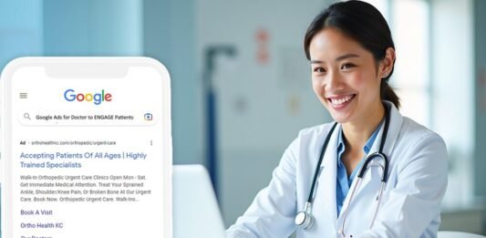 A doctor smiles at her desk, a stethoscope around her neck. Nearby, a smartphone screen reveals Google Ads for doctors showcasing the power of digital marketing for doctors to enhance patient reach and visibility.