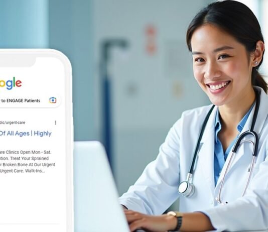 A doctor smiles at her desk, a stethoscope around her neck. Nearby, a smartphone screen reveals Google Ads for doctors showcasing the power of digital marketing for doctors to enhance patient reach and visibility.